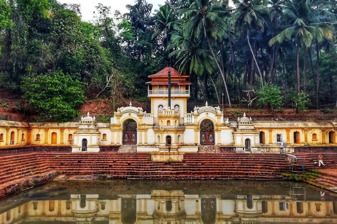 The image shows the Lakshmi Marsimha Temple in Ponda Goa