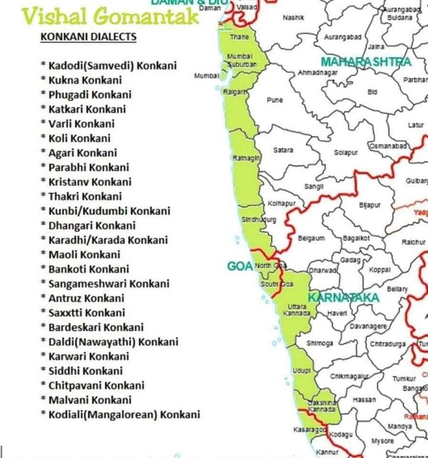 The image shows different Konkani dialects